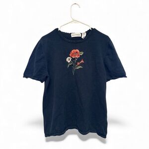 Vintage Y2K Era Alfred Dunner Dark Blue Knit Top with Floral Design Size Large